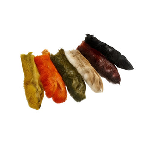 A selection of Veniard Patagonian Hare's Feet in various colors arranged side by side on a white background.