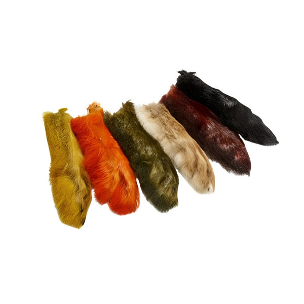 A selection of Veniard Patagonian Hare's Feet in various colors arranged side by side on a white background.