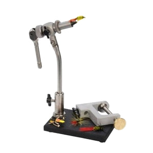 A Wolff Indiana Anvil Apex Fly Tying Vise with replaceable jaws, c-clamp, pedestal base, and stainless steel construction on a white background.