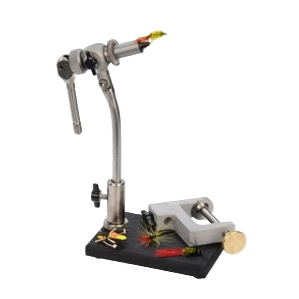 A Wolff Indiana Anvil Apex Fly Tying Vise with replaceable jaws, c-clamp, pedestal base, and stainless steel construction on a white background.