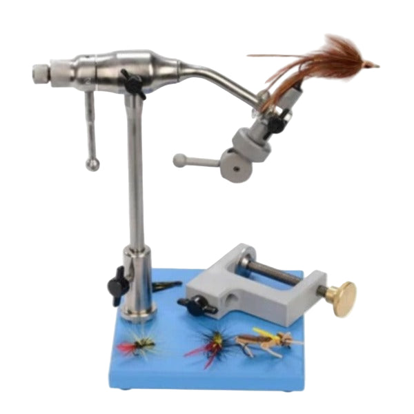 A Wolff Indiana Anvil Atlas Fly Tying Vise with replaceable jaws, c-clamp, pedestal base, and stainless steel construction on a white background.