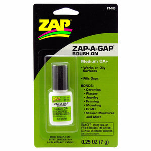 A packaged container of Zap-A Gap Brush-On Fly Fishing Adhesive with printed products detail, on a white background.