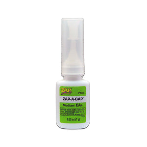 A bottle of Zap-A-Gap PT-04 Fly Tying Adhesive with a green label, indicating it has a medium CA+ viscosity, on a white background.