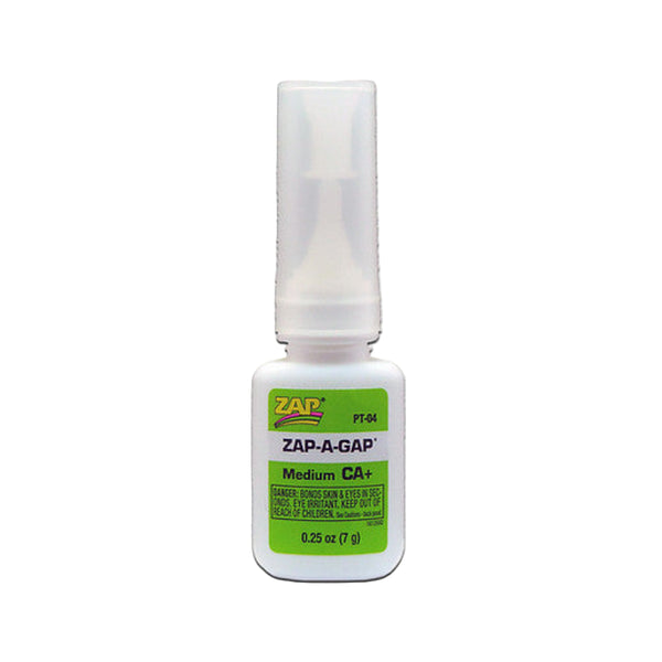 A bottle of Zap-A-Gap PT-04 Fly Tying Adhesive with a green label, indicating it has a medium CA+ viscosity, on a white background.