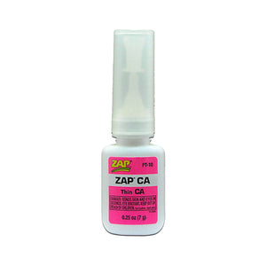 A 0.25oz bottle of Zap-a-Gap Thin CA fly tying adhesive with a pink label, on a white background.