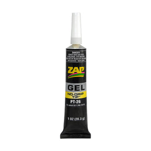 A tube of Zap Gel glue with a long tapered tip, on a white background.