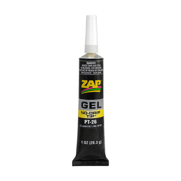 A tube of Zap Gel glue with a long tapered tip, on a white background.