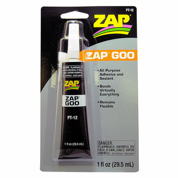 A tube of Zap-Goo PT-12 adhesive in packaging, labeled as an all-purpose adhesive and sealant that bonds virtually everything and remains flexible, on a white background.